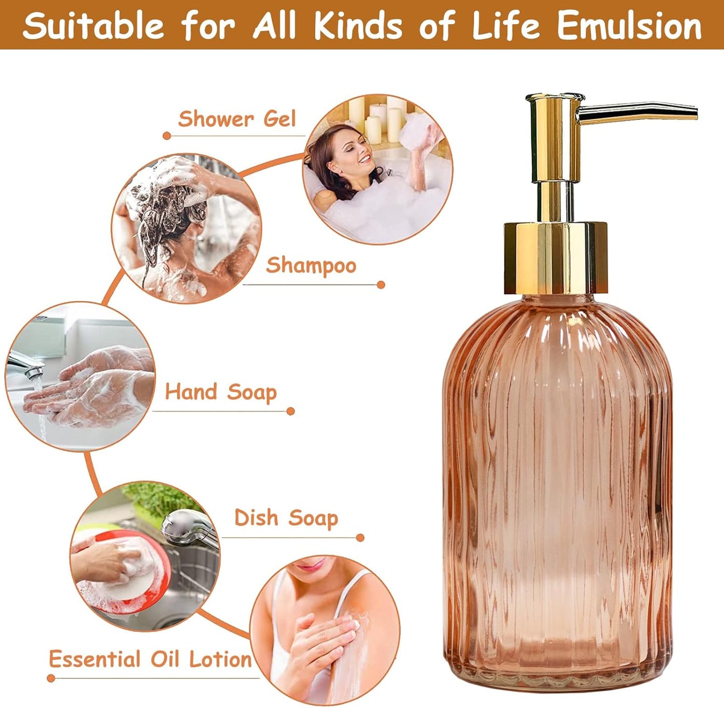 Glass Soap Dispenser with Gold Plastic Pump, 13.5oz Refillable Liquid Hand Soap Dispenser, Crystal Lotion Bottle for Modern Home Decor, Bathroom, Kitchen Countertop, Hotel(Orange)
