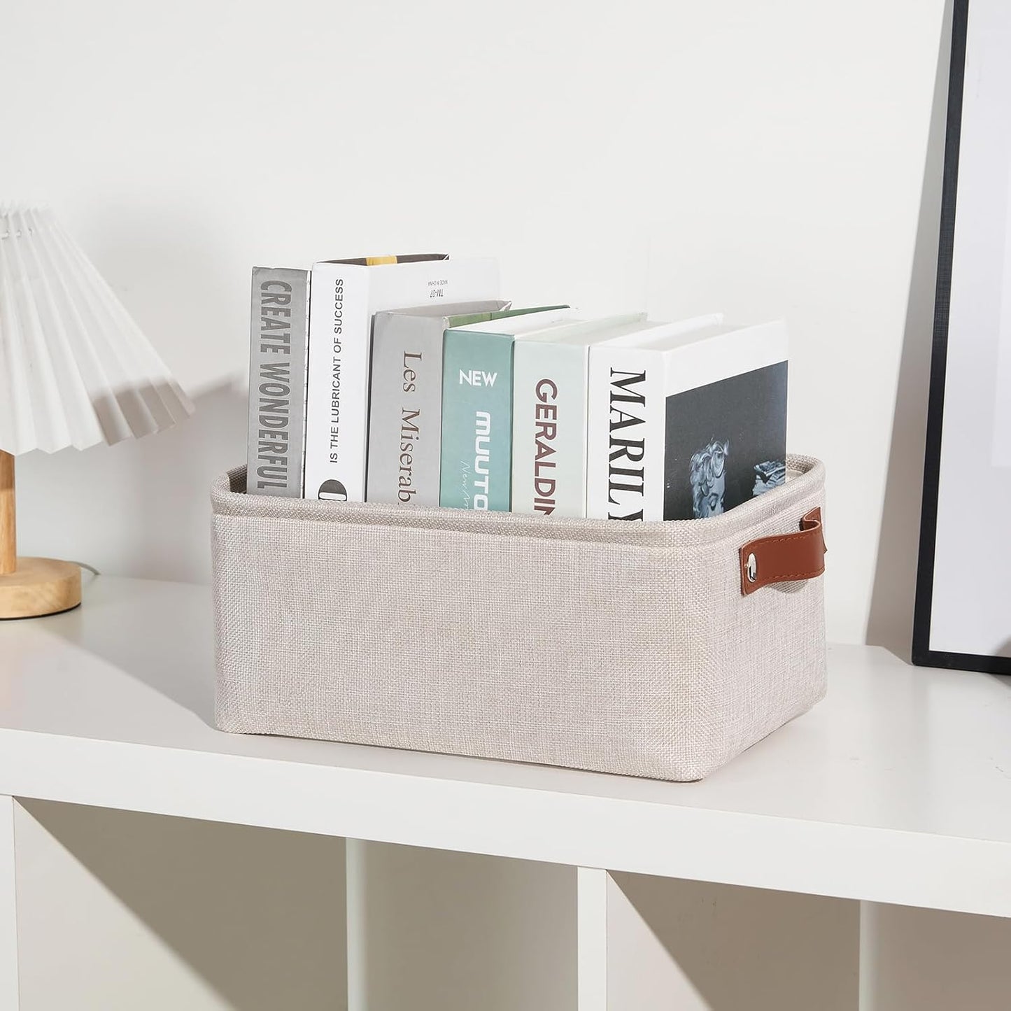 DULLEMELO Small Storage Basket for Shelves, Small Fabric Collapsible Rectangular Storage Bin for Shelves, Closets, Nursery, Home, Office, Empty Gift Basket (Beige)