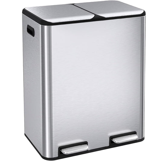 16 Gal (2 x 30 L) Dual Trash Can, Stainless Steel Kitchen Garbage Bin, Recycle Dustbin with Odor Control Box, Soft-Close Lid, Inner Buckets, Side Handle, Step Pedal, for Home Office