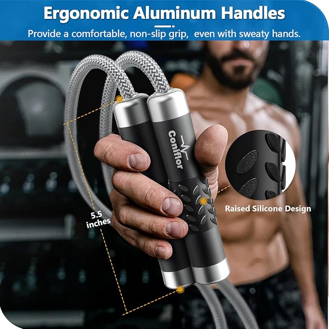 Weighted Jump Rope, 1LB Tangle-Free Ball Bearing Rapid Speed Skipping Rope for Men Women, Adjustable 9mm Cotton & PVC Rope with Alum Handle for Boxing MMA Weight-Loss Athletic Workout Fitness