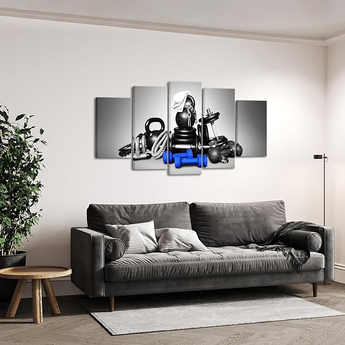 KREATIVE ARTS Large 5 Panel Wall Art Fitness Equipment Canvas Prints Black and Blue Gym Pictures for Boys Men Bedroom Artwork Painting Home Decor Sportsman Gifts Decoration