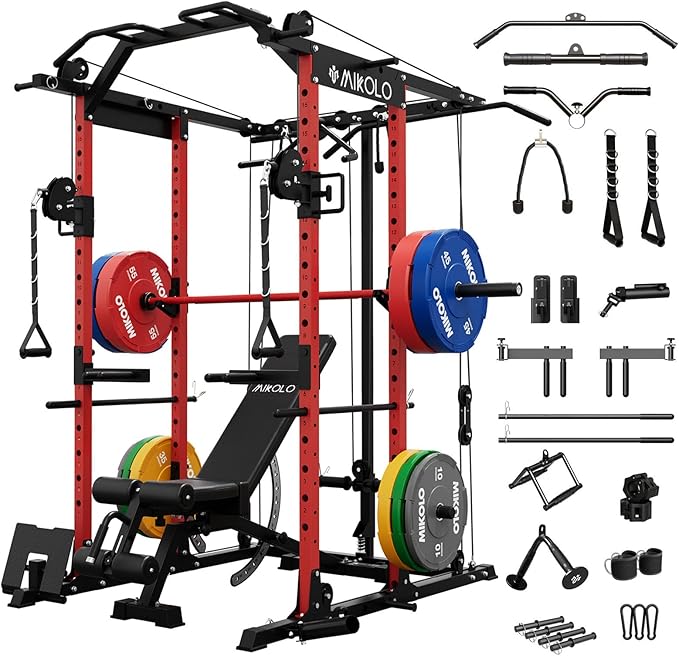 Mikolo Power Cage, Power Rack with Cable Crossover System, 1500LBS Squat Rack with LAT Pull Down System, Workout Cage with Pulley System for Fitness Home Gym