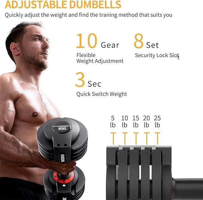 SKOK 25/55 lbs Pair Adjustable Dumbbells Set, Adjustable Weights Dumbbells Set for Men and Women with Anti-Slip Fast Adjust Weight by Turning Handle,Black Dumbbell with Tray