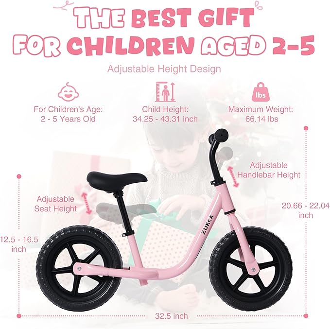 12 inch Toddler Balance Bike Adjustable Handlebar & Seat Anti-Slip Grip Suitable for 2-5 Years Old with Footrest Lightweight for Tolddlers Boys Girls Multiple Colors to Choose