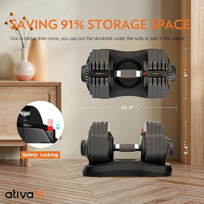Ativafit 27.5/66/88LBS Pair Adjustable Dumbbell Set with Anti-slip Handle 12 In 1 Quick Dial Adjustment Weights With Safety Locking Button Space Saving Strength Training for Full Body Home Gym Workout