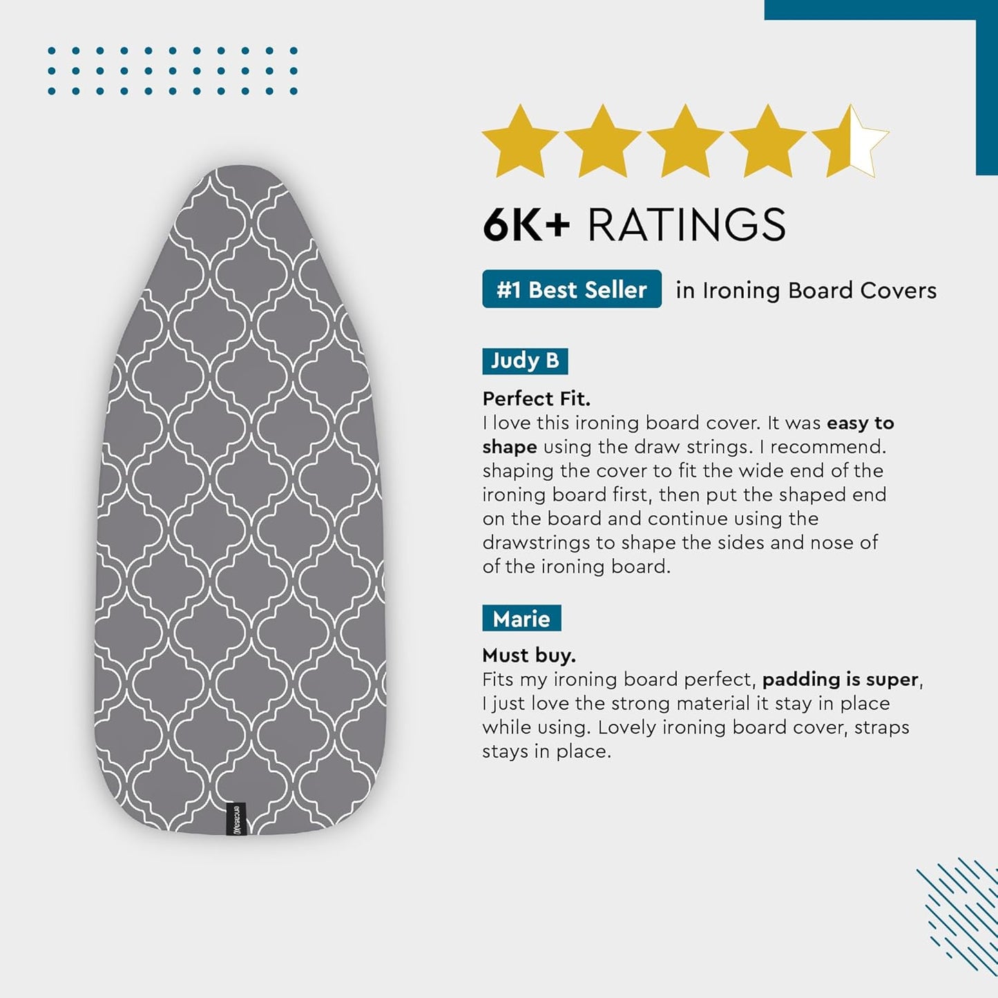Encasa XO Ironing Board Cover and Pad 54"x15" - Thick 3mm Felt Padding, Drawstring Tightening & Lock, Easy Fit, Scorch & Stain Resistant, Fits Standard Large Ironing Board - Daisy Grey