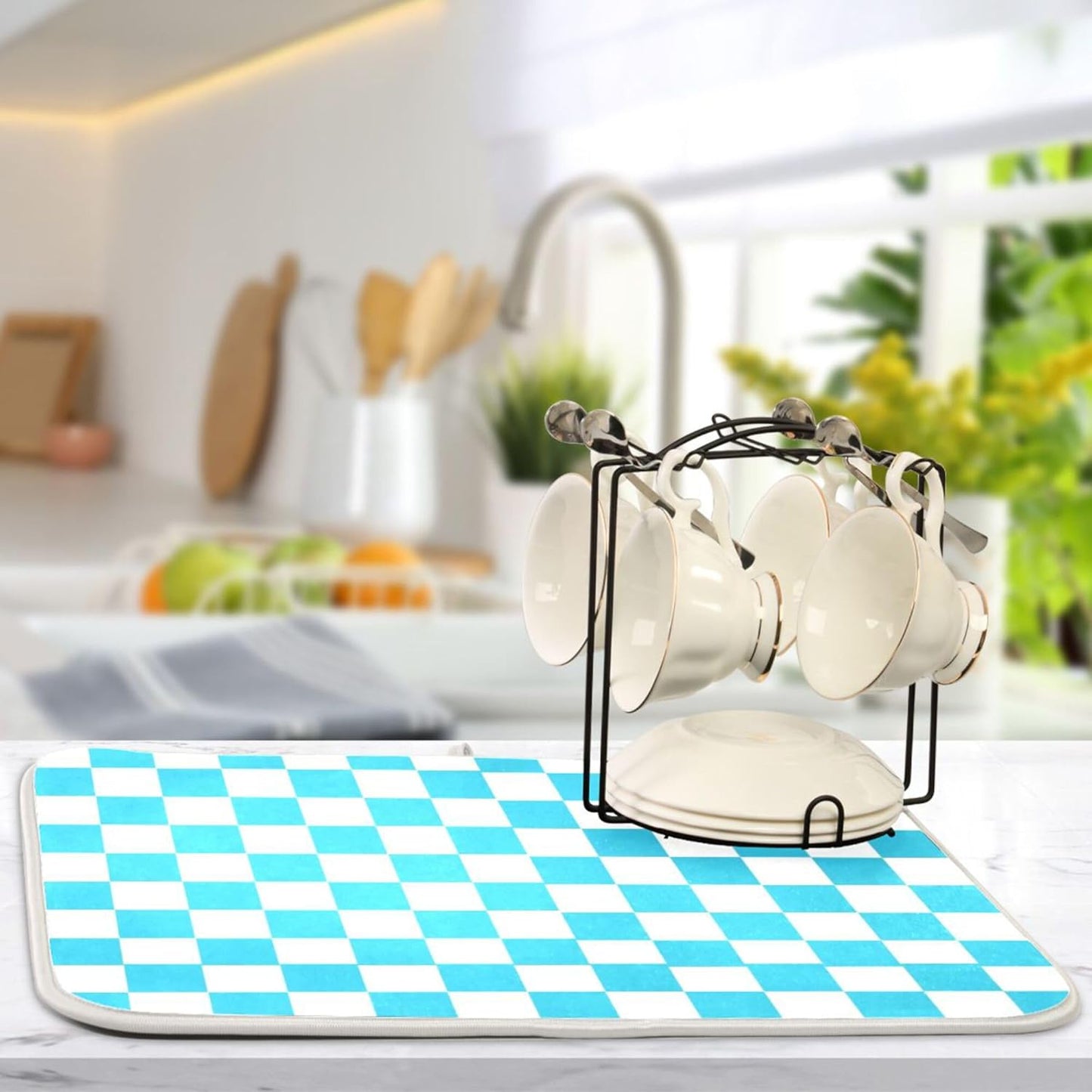 Turquoise Chessboard Dish Drying Mat for Kitchen Countertop 18x24 Teal Plaid Checkered Rectangle Large Drying Mat Reusable Quick Dry Dish Sink Absorbent Mats Easy Clean Decorative Home Essentials