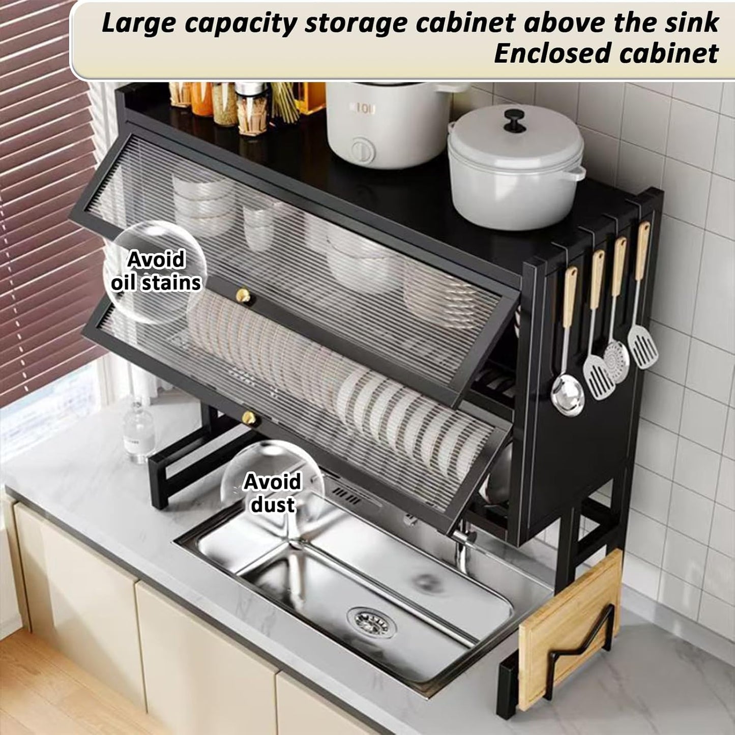 Over The Sink Dish Drainer Drying Rack 4 Tiers with Cover, Keep Kitchen Sink Shlef Organized Space-Saving Dish Drying Rack, Large Drying Rack for Dishes, Glasses, Bowls, Cutlery W-25.6in