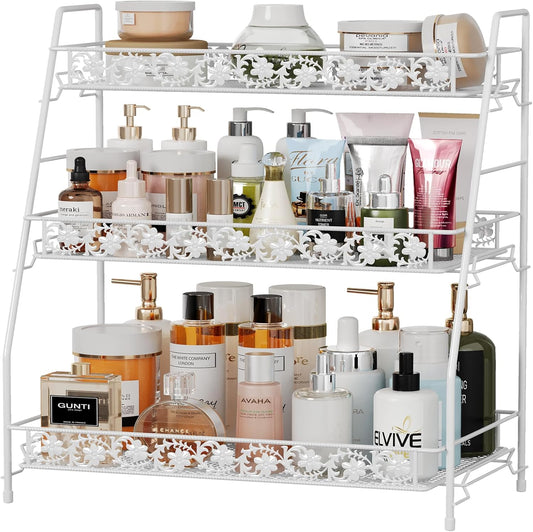 3-Tier Large Size Storage Rack,Counter Organiztion for Bathroom Countertop Organizer Shelf for Spice Racks for Kitchen/Sink/Bedroom/Living room/Office/Plant Rack with Two Metal Baskets