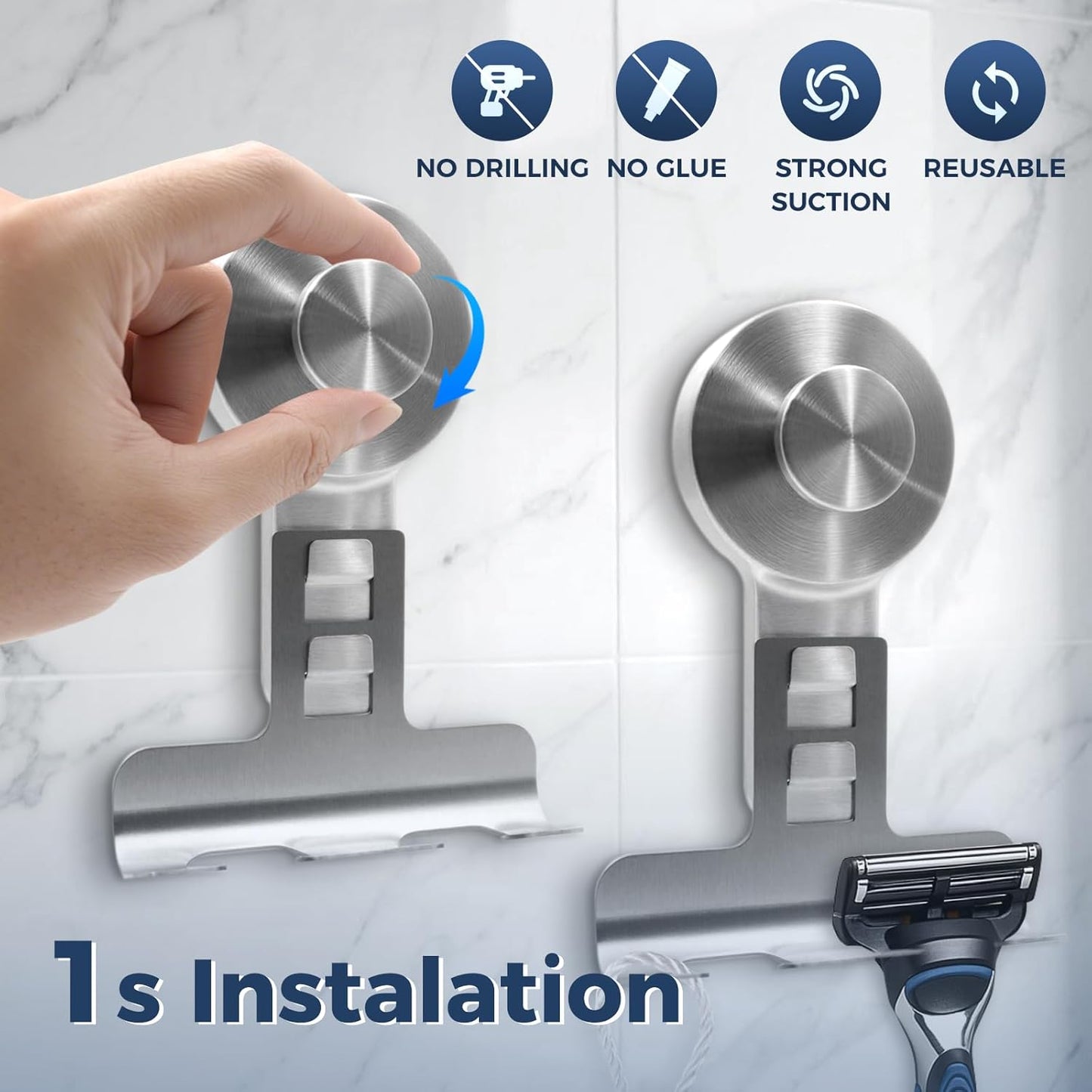 Suction Cup Razor Holder for Shower Wall 2 Pack,Heavy-Duty 15lbs Suction Hooks for Razor,Towel,Phone,Loofah, Removable Damage-Free Metal Shower Hook,Shaver Holder(Silver)