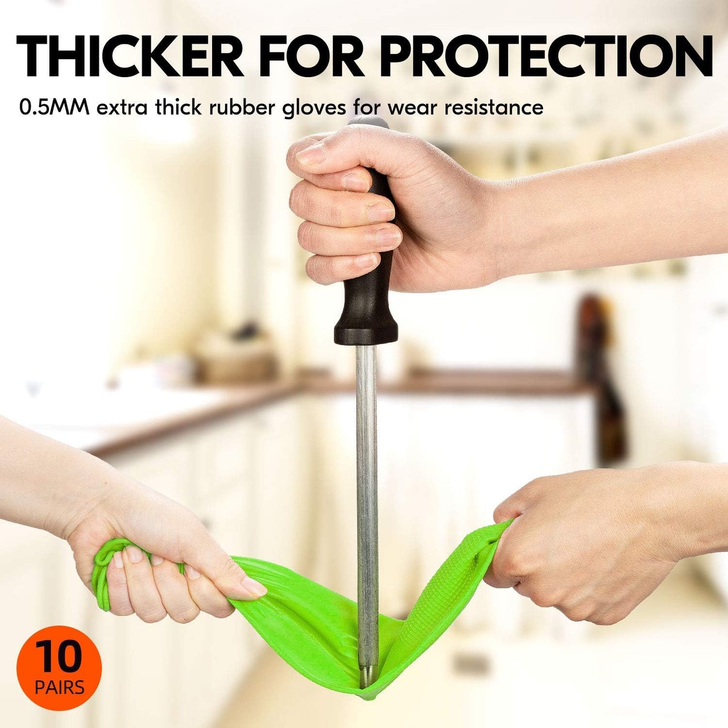 Vgo... 10-Pairs Dishwashing Gloves, Reusable Household Gloves, Long Sleeve, Thick Latex, Cleaning, Washing, Working, Painting, Gardening, Pet Care (Size L, Green, RB2143)