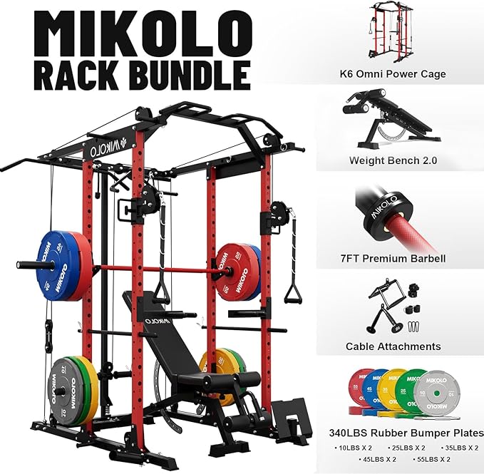 Mikolo Power Cage, Power Rack with Cable Crossover System, 1500LBS Squat Rack with LAT Pull Down System, Workout Cage with Pulley System for Fitness Home Gym