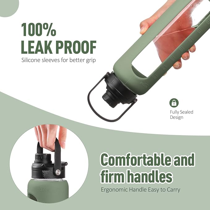 Kodrine Water Bottle with Straw, 24 oz Glass water Bottle with 2 Lids Bamboo Straw Lid and Spout Lid with Handle, 32 oz Clear Water Bottle Glass for Sports Travel, Waterbottle with Time Marker