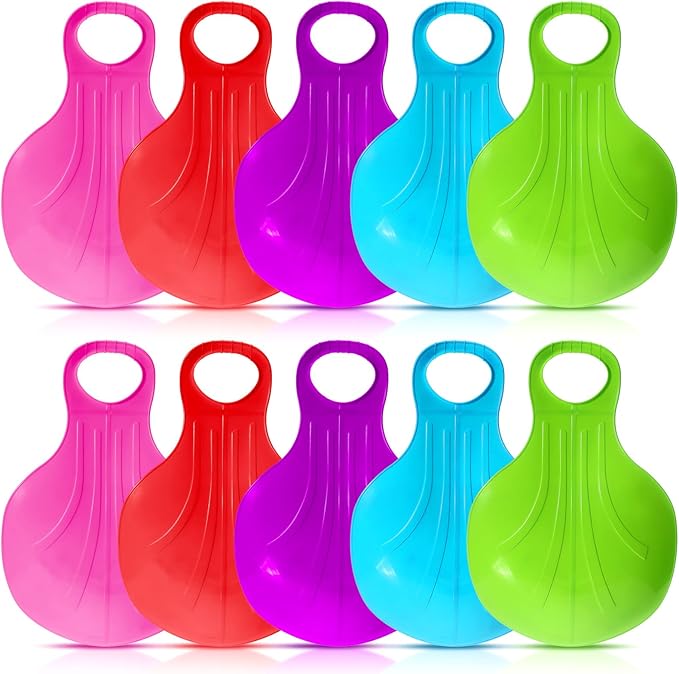 10 Pcs Snow Sled Board for Kids Outdoor Winter Plastic Skiing Boards with Handle Portable Downhill Sleds Snowboard Sleigh for Kids Snow Grass and Sand Boarding, 5 Colors