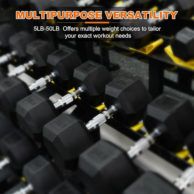 Rubber Encased Hex Dumbbell, Hand Weights with Anti-Slip Cast Iron Grip for Exercise & Fitness, Weights Dumbbells Set of 2 for Strength Training, 5-50 LBS Pair