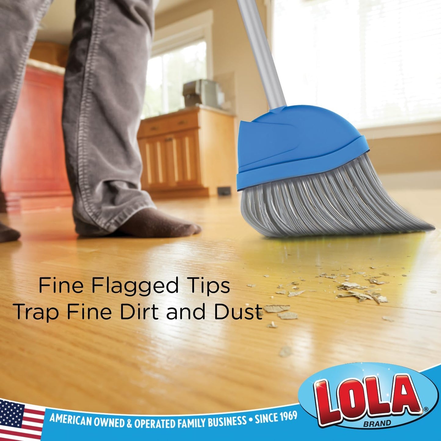 Angle Broom, 13" W Head, Large Style, Made w/Recycled Soda Bottle Bristles, & Aluminum, Includes Swivel Hang Cap for Storage -by LOLA, 1 Pack