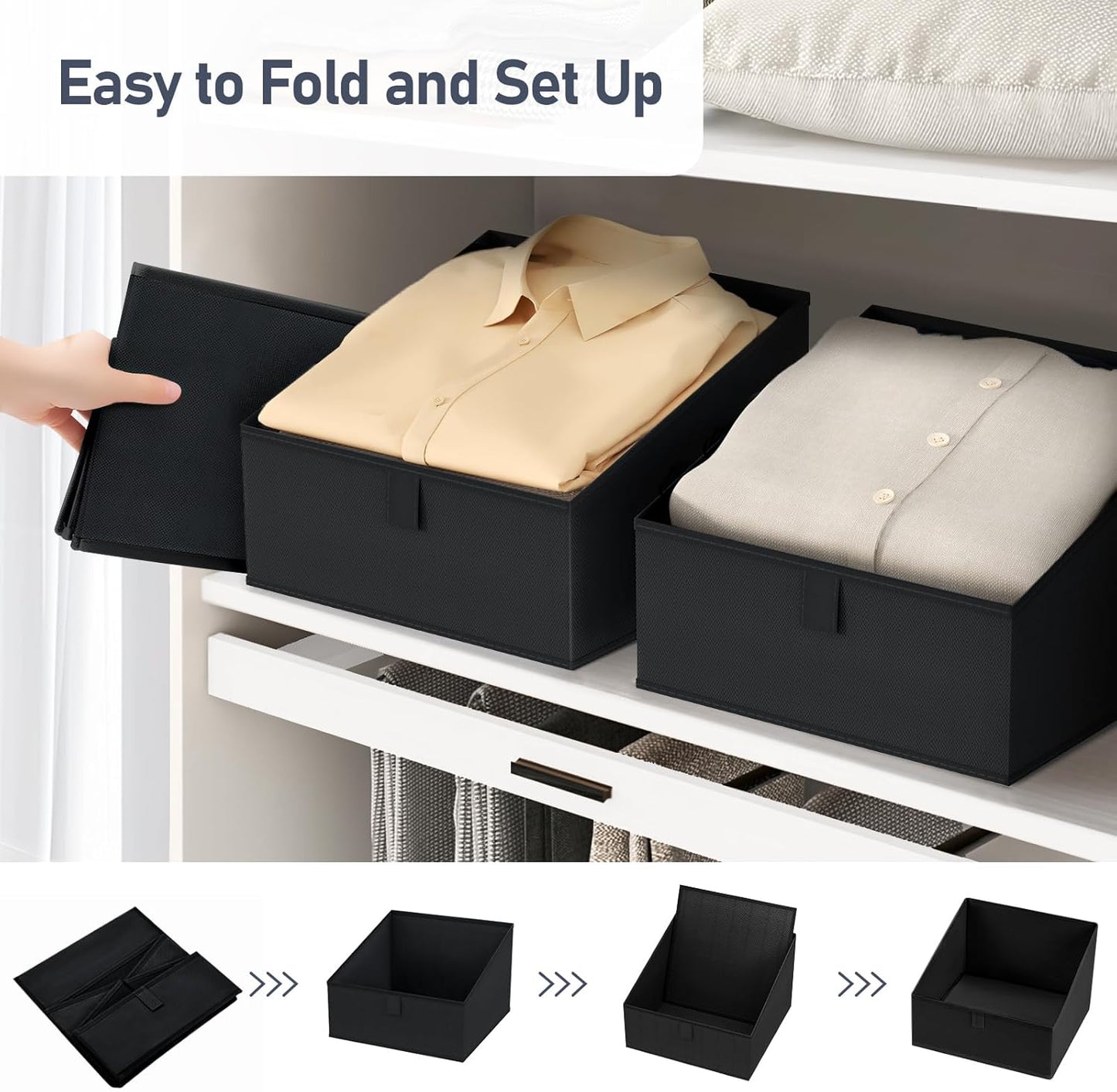 DIMJ Closet Storage Bins 8 Pack - Fabric Trapezoid Closet Organizer Bin, Foldable Storage Baskets for Shelves, Closet Shelf Organizer, Clothing Storage Box for Toys, Books, Towel, Clothes, Black