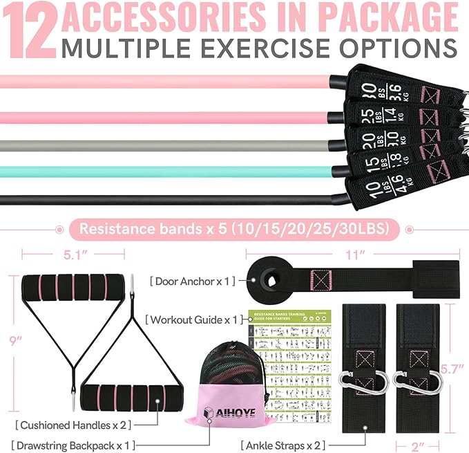 Aihoye Resistance Bands for Working Out, Exercise Bands with Handles, Stretch Bands for Exercise, Workout Bands with Door Anchors for Physical Therapy & Strength Training