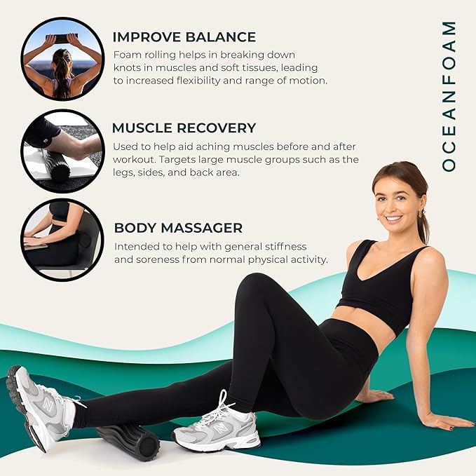 Oceanfoam Ripple Travel Foam Roller (11" x 3.35") Firm Mini Foam Roller for Physical Therapy, Deep Tissue Massage, Back Pain - High Density, Ergonomic Wave Textured - Yoga, Pilates, Exercise (Black)