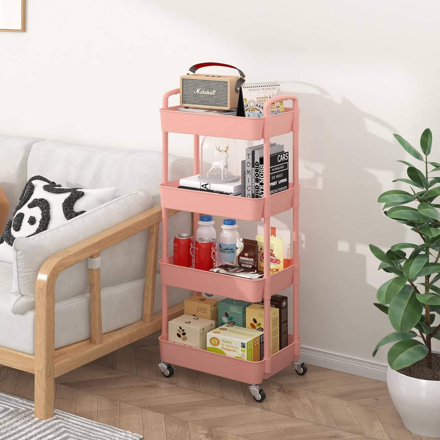 Sywhitta 4-Tier Plastic Rolling Utility Cart with Handle, Multi-Functional Storage Trolley for Office, Living Room, Kitchen, Movable Storage Organizer with Wheels, Pink