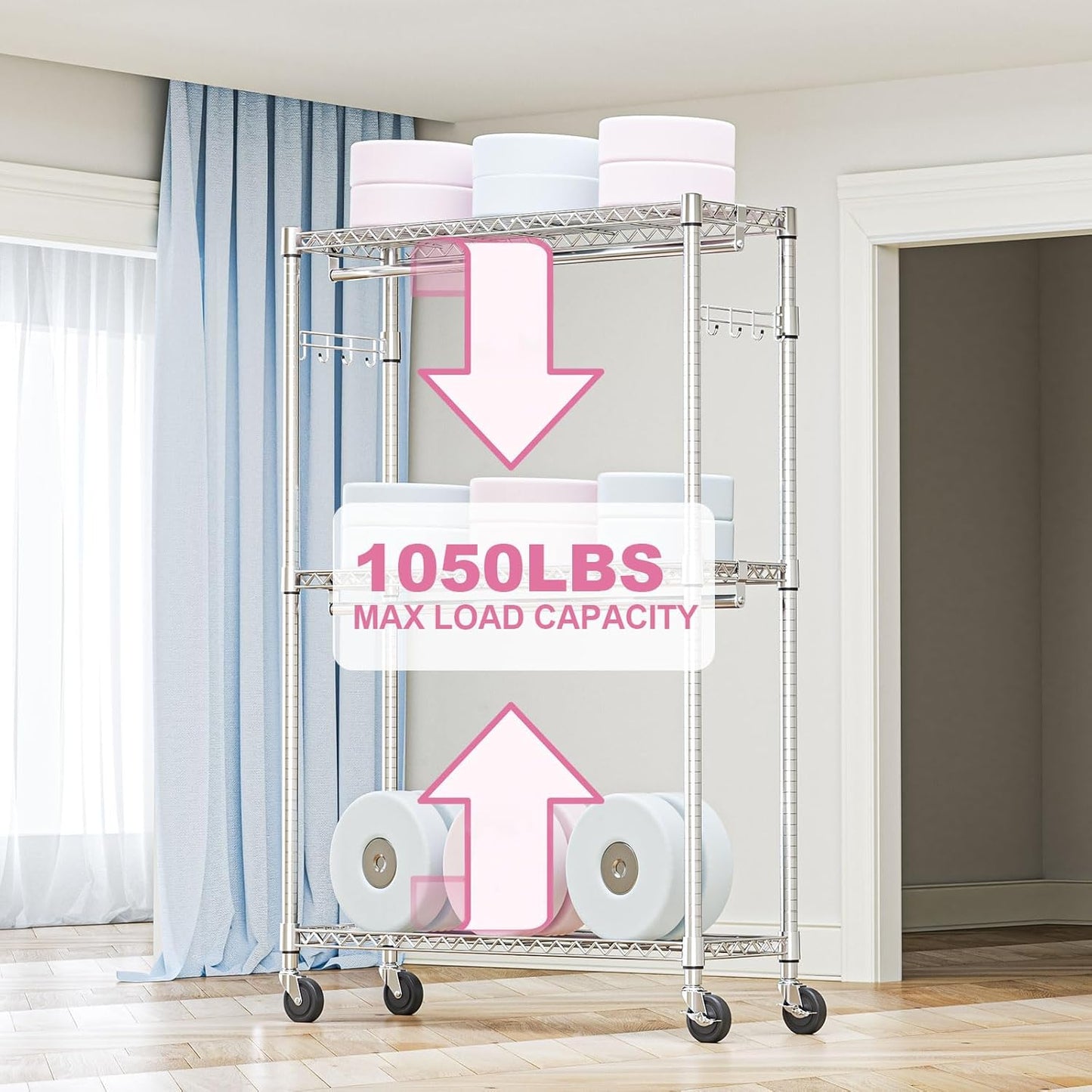 Heavy Duty Rolling Garment Rack 3 Tiers Adjustable Wire Shelving Clothes Rack with 2 Rods and Side Hooks,Storage Closet Clothing Rack with Wheels Chrome 15.7" D x 45.3" W x 79.6" H