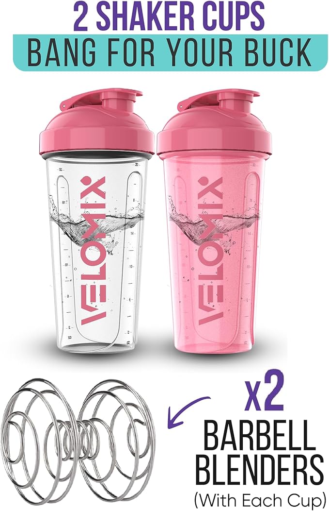 '-2 Pack- 28 oz Protein Shaker Bottles for Protein Mixes - 2x Wire Whisk | Leak Proof Shaker Cups for Protein Shakes | Protein Shaker Bottle Pack (Pink/Transparent)