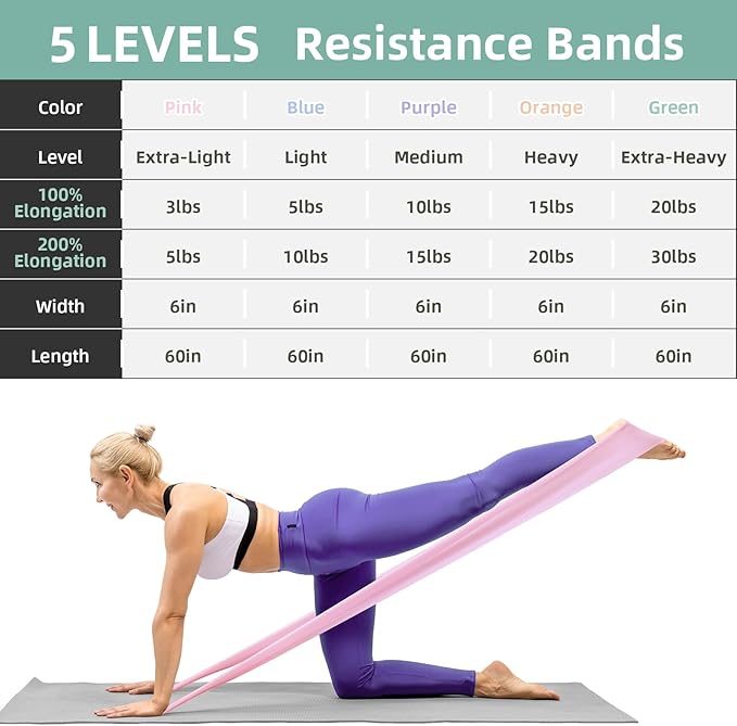 Stretch Bands for Exercise, 5 Levels Resistance Bands for Working Out, Exercise Bands for Physical Therapy, Pilates, Rehab, Stretch, Strength Training and Yoga Starter Set