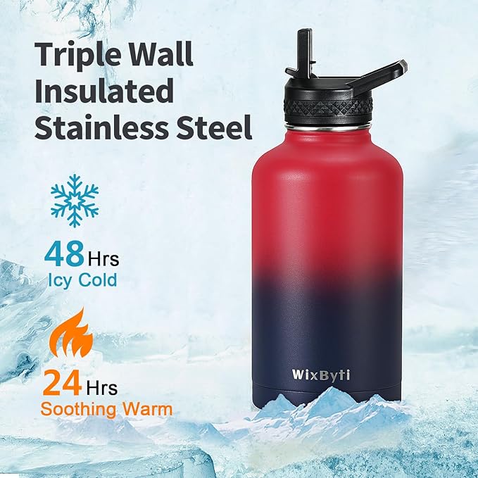 64 oz Insulated Water Bottle with Straw (Cold for 48 Hrs), Half Gallon Stainless Steel Triple Wall Vacuum Sports Water Jug, Leakproof Hydro Cup Flask with Straw Spout Lids & DIY Stickers