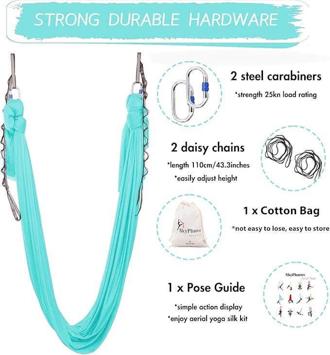 5.5 Yards Aerial Silks Yoga Swing Set - Aerial Yoga Hammock Kit Anti-Gravity Flying for Fitness, Low/Non Stretch Nylon Tricot Fabric Hardware Included for Dance