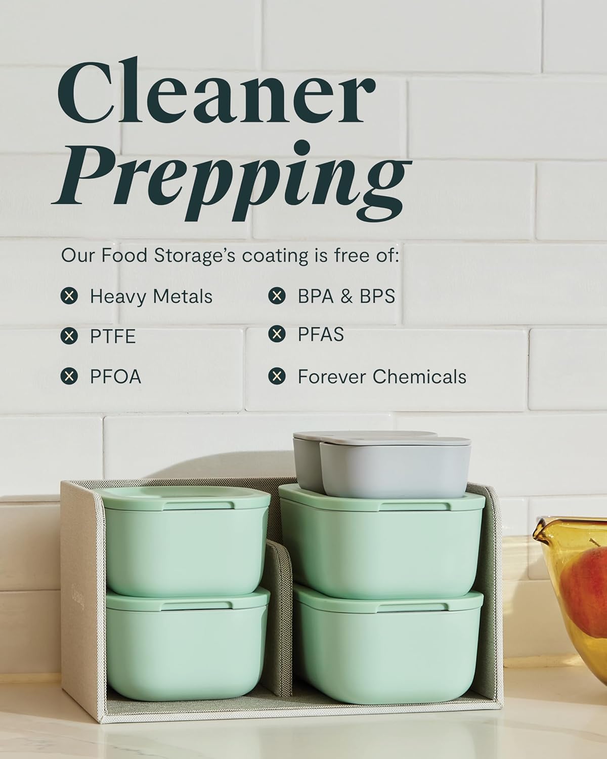 Caraway 6pc Glass Food Storage Set - 2.6 Cup Storage Containers For Food (6) - Non-Toxic Ceramic-Coated Glass - Air Release Technology - Compact & Stackable Design - Cream