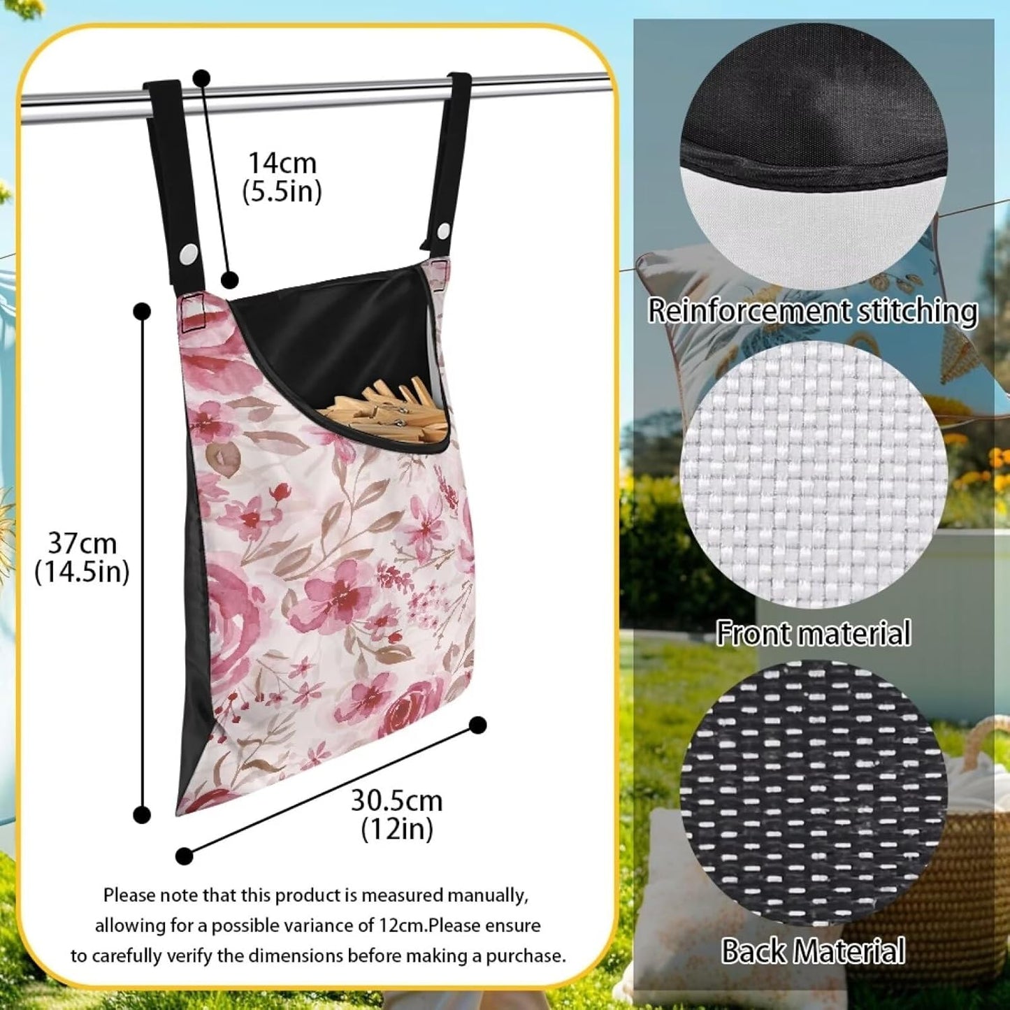 Pink Flowers Clothespin Bag Laundry Hanging Storage Organizer Clothes Pin Hanging Bag with Rope Clothespin Holder with an Space-Saving Opening for Clothesline Outdoor