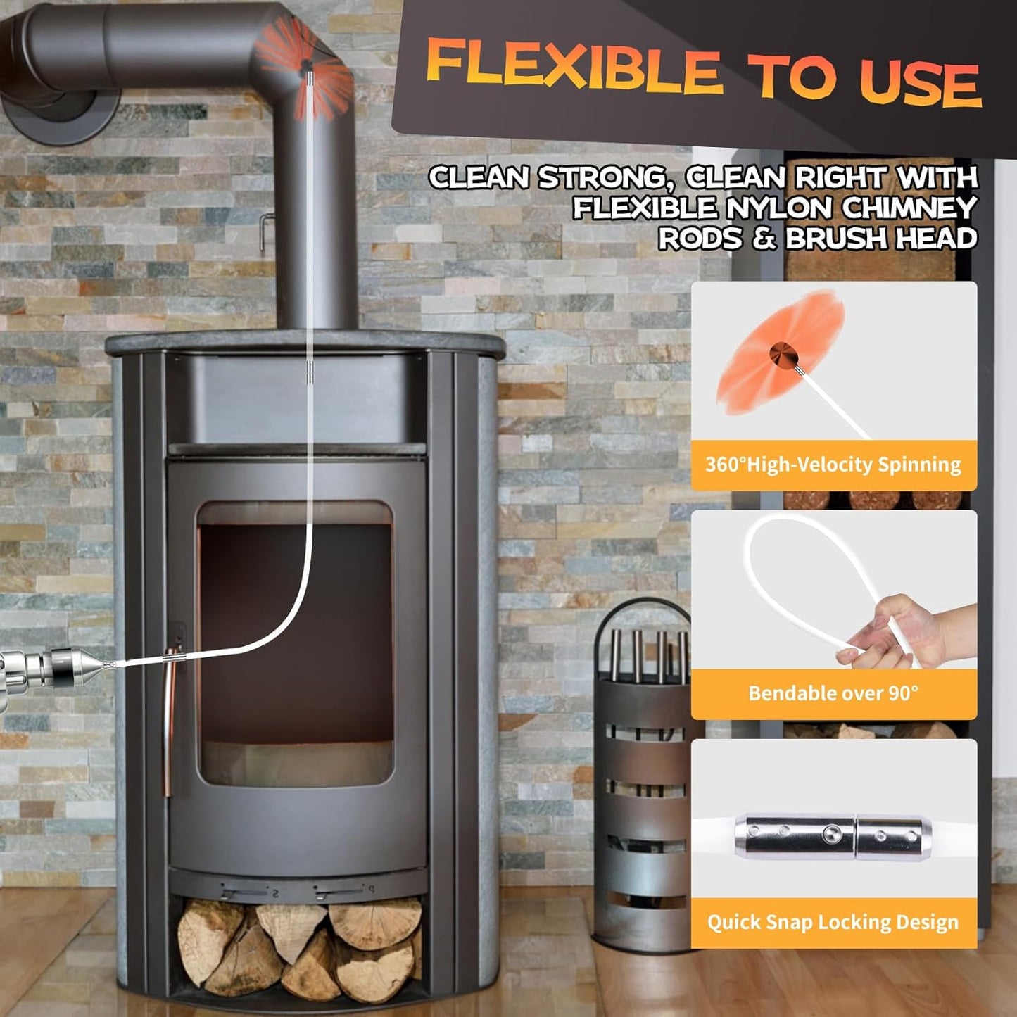 16 Feet Chimney Sweep Kit, Chimney Cleaning Kit with 5 Flexible Chimney Rods, Rotary Chimney Cleaning System Driven by Drill for Sweeping Fireplace, Chimney Cleaners with Strong Brush