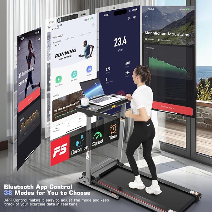 Treadmill with Desk Workstation & Adjustable Height, 300 LBS Weight Capacity, Folding Treadmill with 3 Level Incline, Bluetooth Speaker & App, Portable 2.5HP Walking Pad with Desktop for Home Office