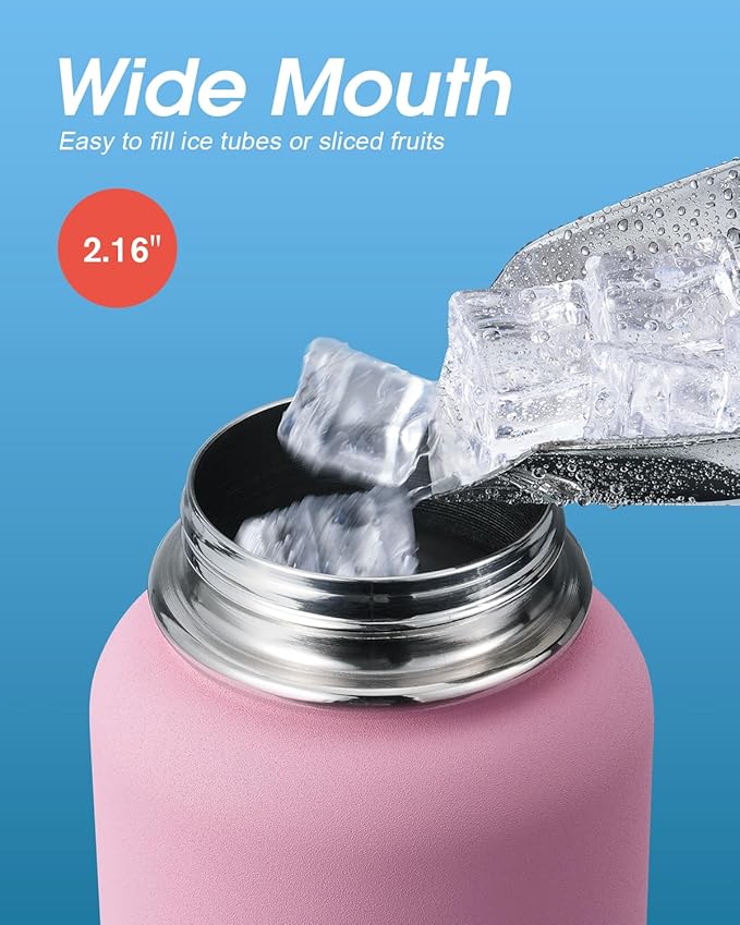 32 oz Insulated Water Bottle with Straw&3 Lids, Coolflask Stainless Steel Metal Flask Wide Mouth for Sports or Office, Non-BPA Keep Cold Up to 48 Hrs or Hot Up to 24 Hrs, Bubblegum Princess