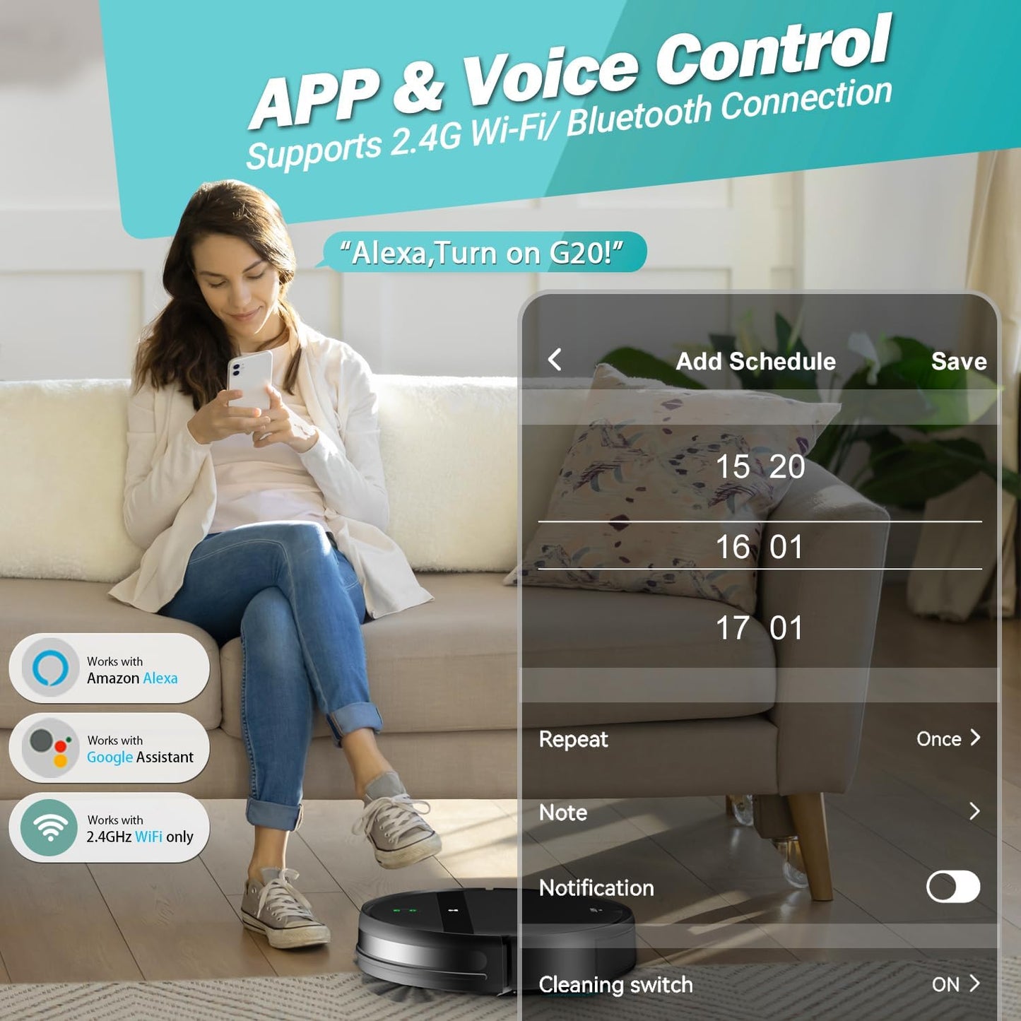 Robot Vacuum and Mop Combo, 2-in-1 Robotic Vacuum Cleaner with Tangle-Free Suction, WiFi/Alexa/App Control, Auto Recharge, Ultra-Slim Quiet Design for Pet Hair, Hard Floors & Low-Pile Carpets