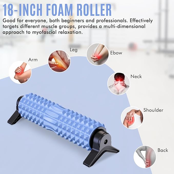 Trigger Point Foam Roller with Stand, 18 Inch Medium Density Foam Roller Long Yoga Roller Foam Exercise Roller for Physical Therapy, Muscles Deep Tissue, Pilates, Back Pain and Muscle Recovery (Blue)