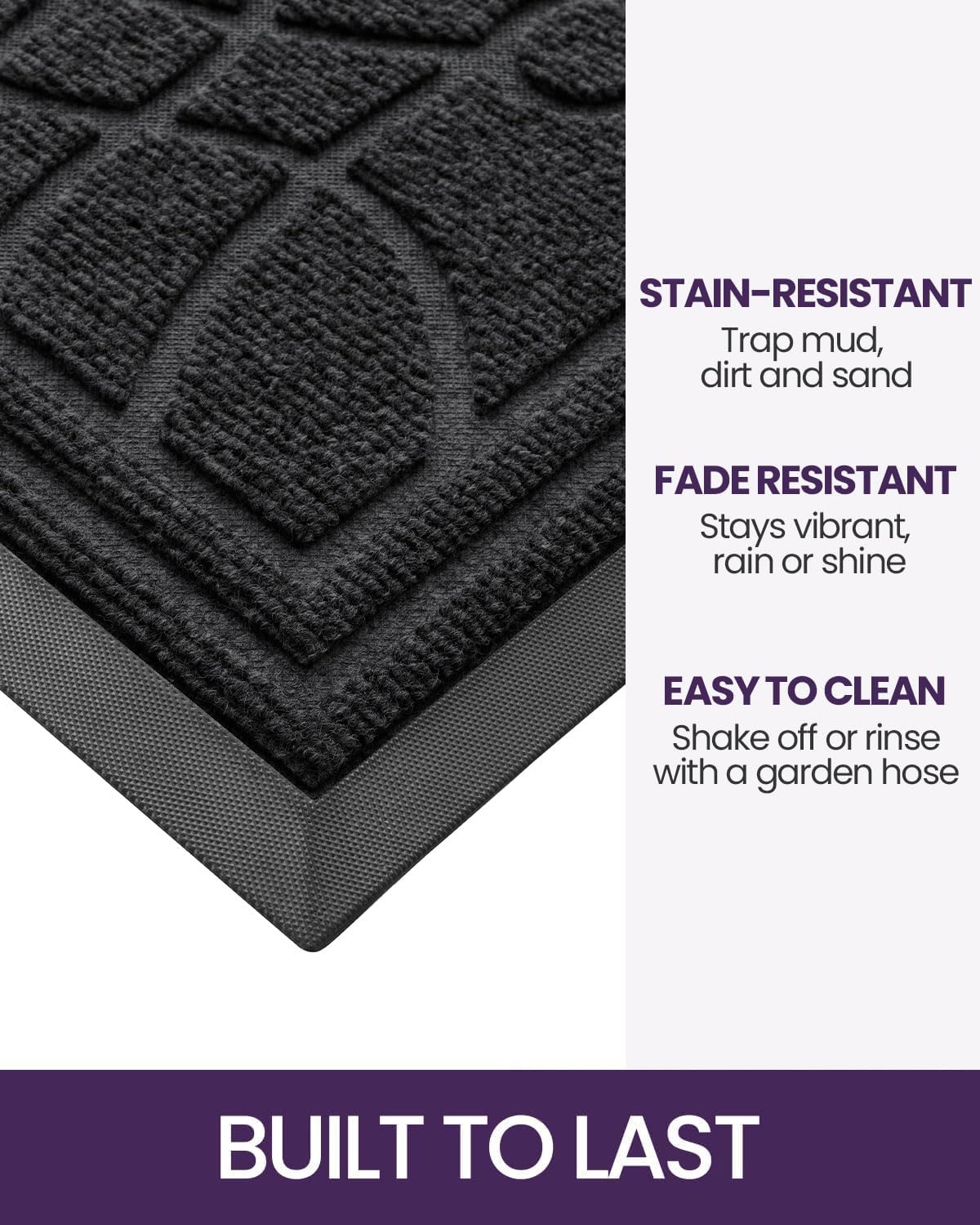 DEXI Front Door Mat Outside Entrance, Heavy Duty Non Slip Low Profile Doormat for Entryway, Trap Dirt and Moisture Welcome Mats, Easy Clean, Patio, Garage, 3x2, Black