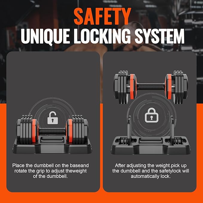 VEICK 25/55 lbs Adjustable Dumbbell with Anti-Slip Turning Handle, Fast Adjust Weight for Men Women, Exercise Equipment with Tray for Home Gym Full Body Workout Fitness