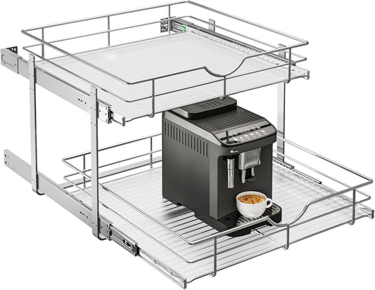 WelFurGeer 2-Tier Stainless Steel Pull Out Cabinet Organizer, Soft Close Damping Slides, Heavy Duty Chrome Plated Wire Basket with Shelf Liner, Perfect for Kitchen Cabinets, Pantry Storage, Under Sink