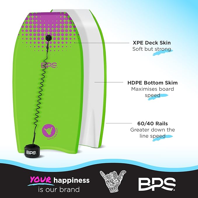 BPS New Zealand ‘Shaka’ Body Board for All Wave Conditions - Lightweight with EPS Core, HDPE Slick Bottom, Body Boards for Beach with Wrist Leash and Plug for Kids and Adults - All Skill Levels