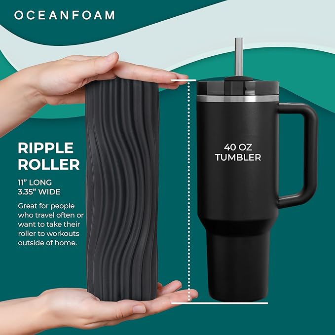 Oceanfoam Ripple Travel Foam Roller (11" x 3.35") Firm Mini Foam Roller for Physical Therapy, Deep Tissue Massage, Back Pain - High Density, Ergonomic Wave Textured, Yoga, Pilates, Exercise (Charcoal)