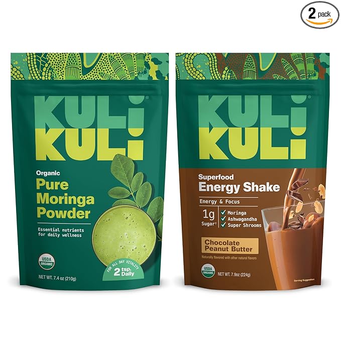 Kuli Kuli Moringa Oleifera Organic Leaf Powder & Green Smoothie, 100% Pure USDA Certified & Non-GMO Moringa Powder, Great with Smoothies, Tea, and Food, Combo Pack