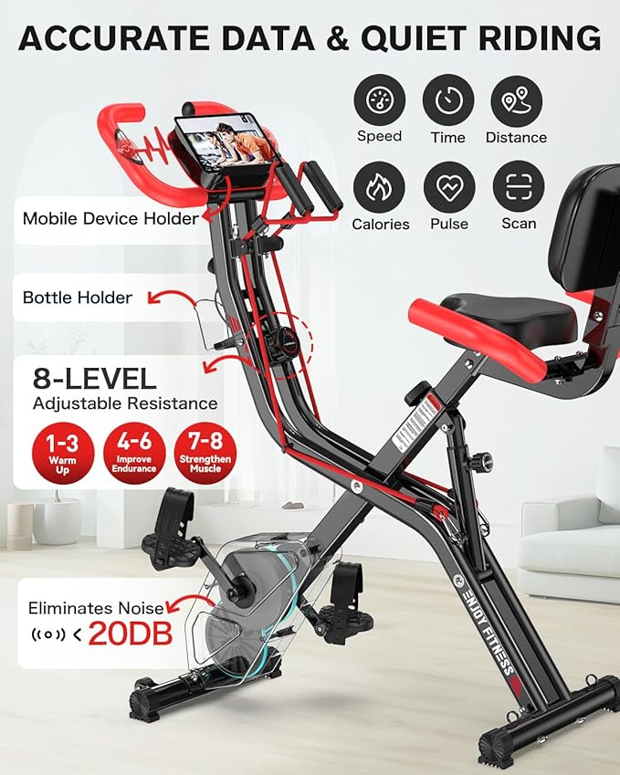 pooboo Folding Exercise Bike, Foldable Upright Stationary Bike, Indoor Cycling Magnetic X-Bike with 8-Level Adjustable Resistance, 6.6 LBS Flywheel, 300LB Capacity, Bottle Holder & Back Support Cushion for Home Gym