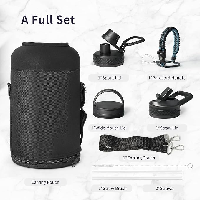 Trebo One Gallon Water Bottle Insulated with Paracord Handle,128oz Large Stainless Steel Water Jug,Vacuum Double Wall Insulated 24hr Cold Retention,Leakproof Flask with 3 Lids,Indigo Black