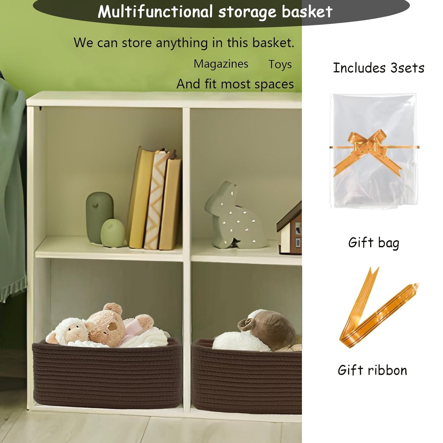 COMFY-HOMI 11.5"x7.5"x4.7" Storage Baskets for Organizing | Cotton Rope Woven Basket | Toy Storage Bin Box | Basket for Shelves, Closet Organizer Bin, Decorative Closet Shelf, 3 Pack, dark brown