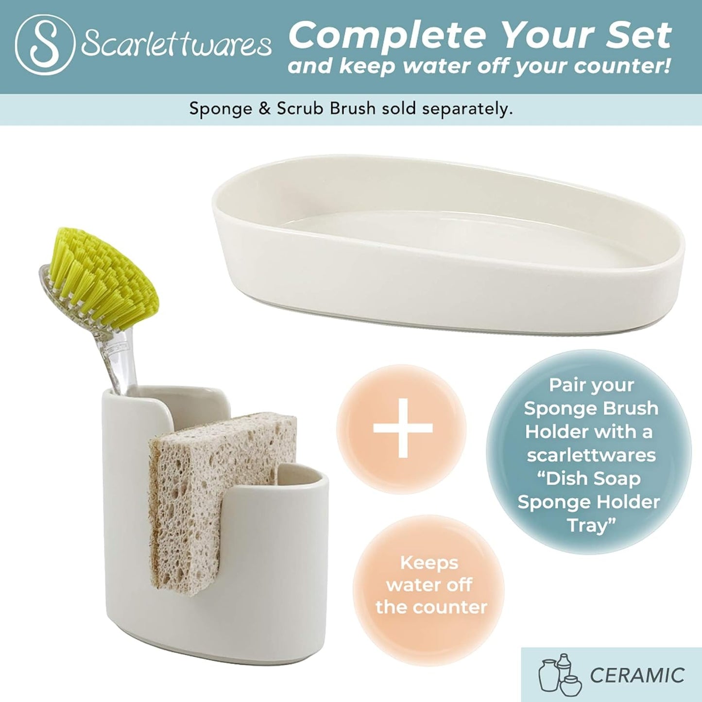 Kitchen Sink Caddy Dish Sponge Holder and Scrub Brush Dish Wand Holder Ceramic White Farmhouse Modern