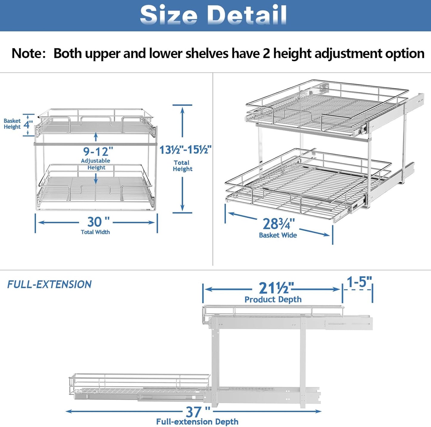 2 Tier Individual Pull Out Cabinet Organizer 30" W x 21½" D, Heavy Duty Cabinet Pull Out Shelves, Slide Out Drawers Organization for Kitchen Cabinets Bathroom
