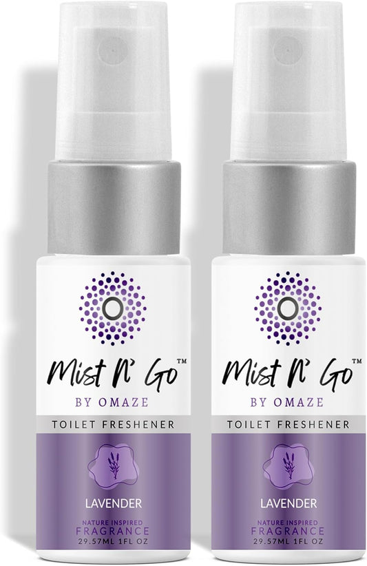 Mist N’ Go by Omaze Travel Bathroom Spray for Toilet Spray Odor Eliminator - Travel Toilet Spray for Bathroom Air Freshener Spray for Bathroom Deodorizer - Lavender Travel Size (1oz x2)