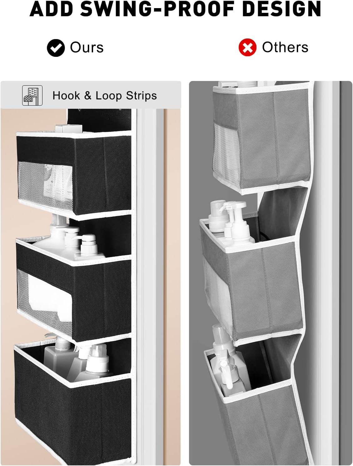 Yecaye 6-Tier Over The Door Storage Organizer, Flexible 1 Split into 2 Swing-Proof Hanging Bathroom Organizer, Bedroom Organizers and Storage for Newborn Baby Essentials, Black