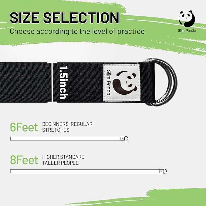 Slim Panda Yoga Strap for Stretching,Cotton Yoga Strap with Adjustable D-Ring Buckle,Non-Elastic Yoga Belt for Pilates,Gym Workouts,Physical Therapy,Improve Flexibility